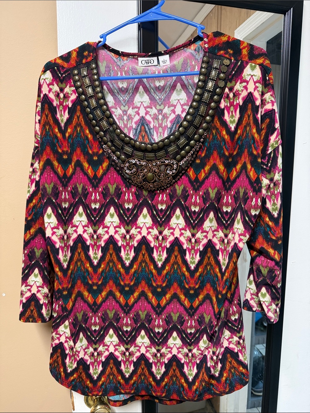 Cato Multicolor Beaded-Neckline Tunic — Pink, Orange, Cream, Green, Blue